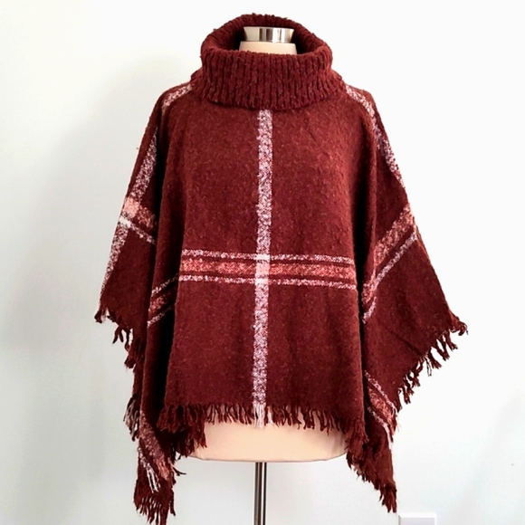 World Market Plaid Knit Cowl Neck Poncho Blanket Cape - Picture 9 of 10